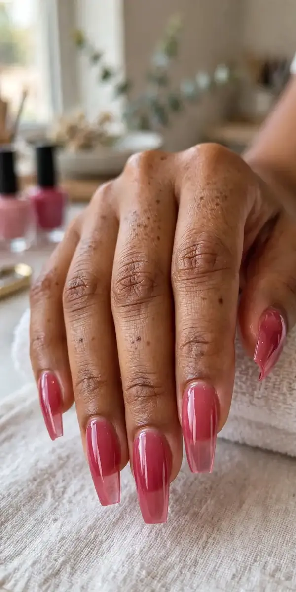Long coffin-shaped raspberry jelly nails with glossy translucent color
