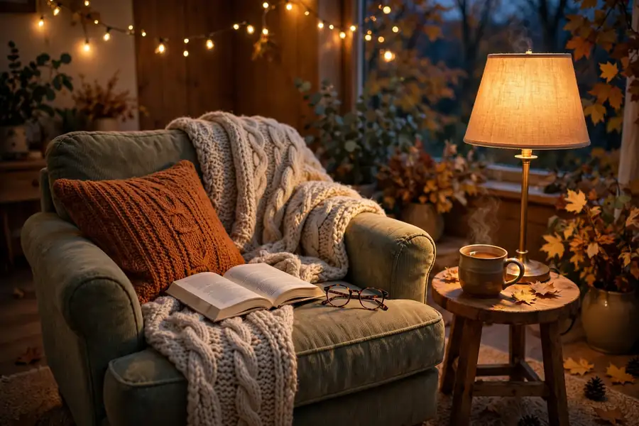 Cozy reading nook with blanket and book for fall self care