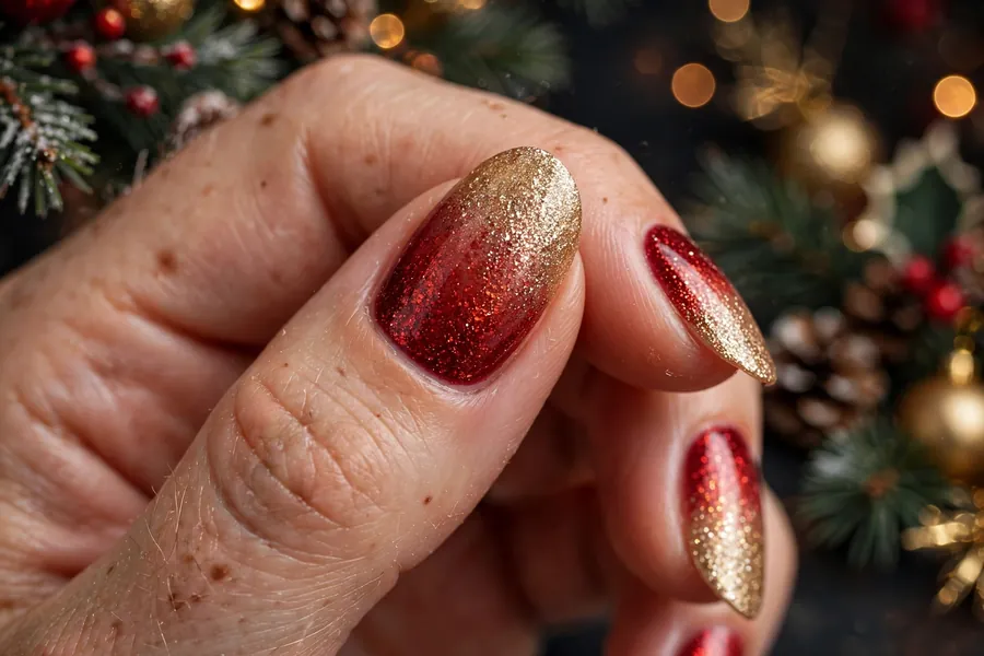 Red to gold ombre glitter nails