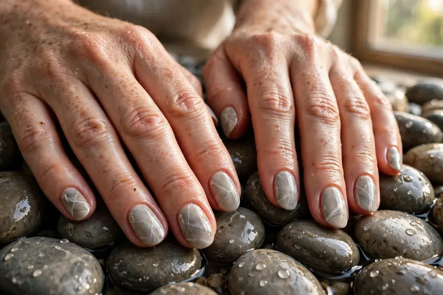Grey beige stone marble earthy nails on real hands