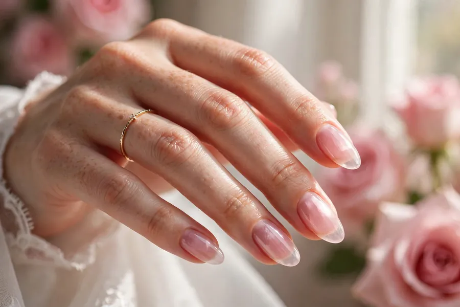 Sheer rose quartz pink bridal nails with gemstone glow