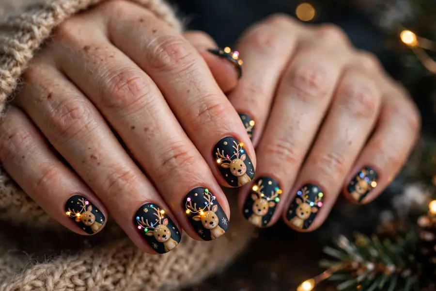 Reindeer nails with Rudolph tangled in tiny fairy lights on real hands