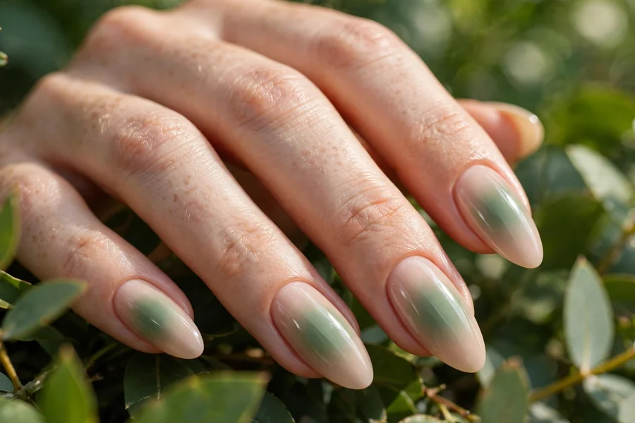 Sage meadow aura nails with soft green aura over a nude base
