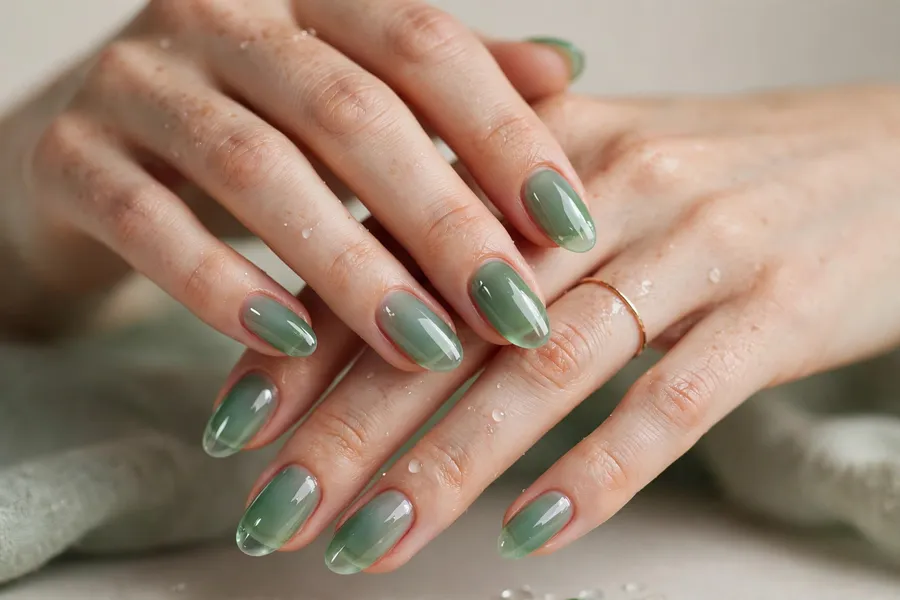 Sea glass green translucent nails on real hands