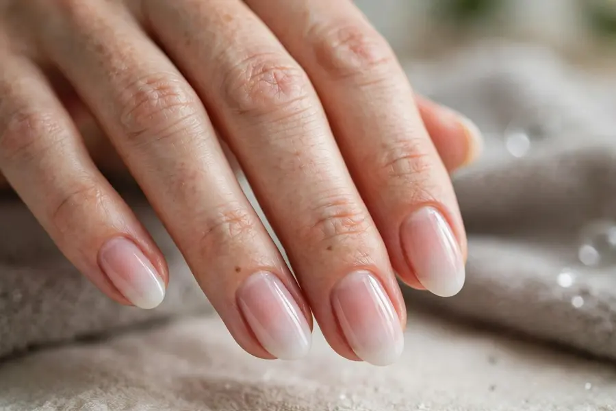 Sheer pink ombre bubble bath nails on real hands
