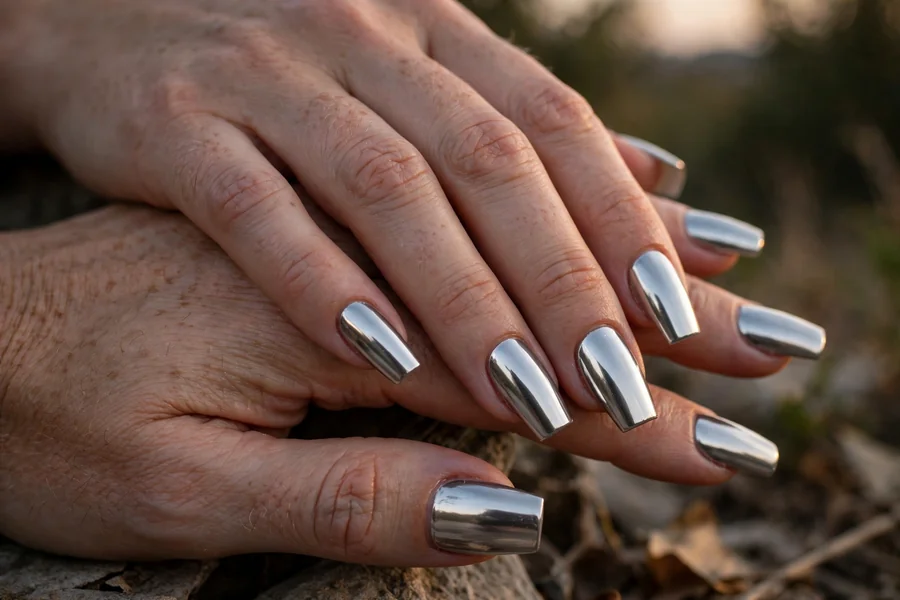Silver chrome coffin shaped nails on real hands in evening light