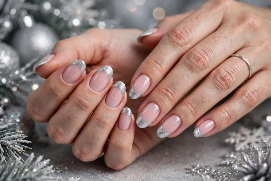 Silver frost Christmas French tip nails on real hands against a silver holiday backdrop