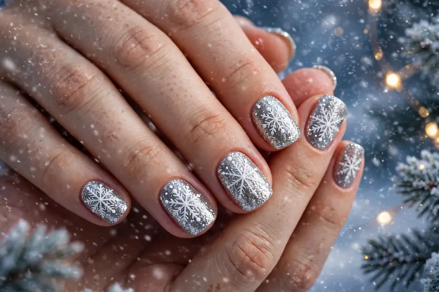 Silver glitter nails with bold white snowflake nail art on real hands