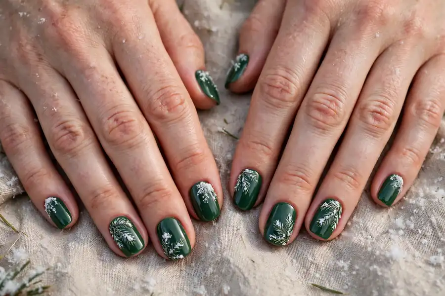Evergreen nails with snow-dusted fir branch art on real hands