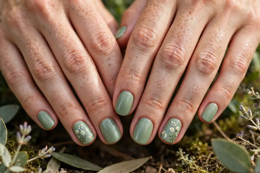 Sage green nails with tiny white daisy sprigs