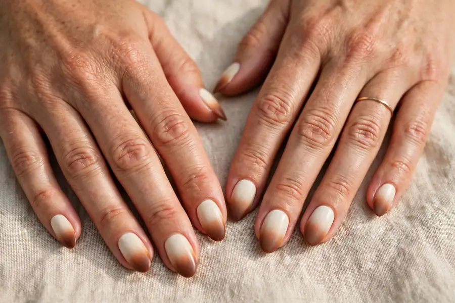 Toasted marshmallow ombre hot chocolate nails fading from cream to cocoa on real hands