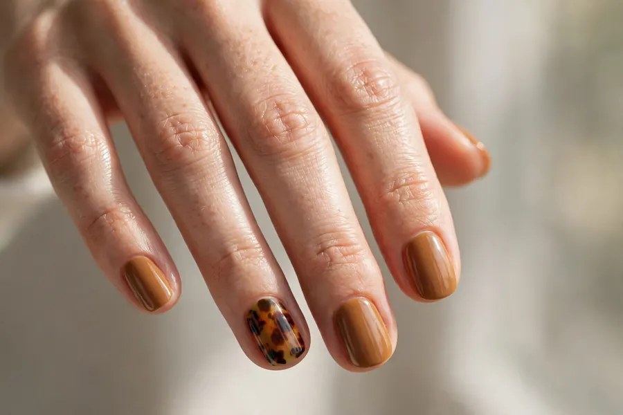 Tortoiseshell accent short nail designs on real hands
