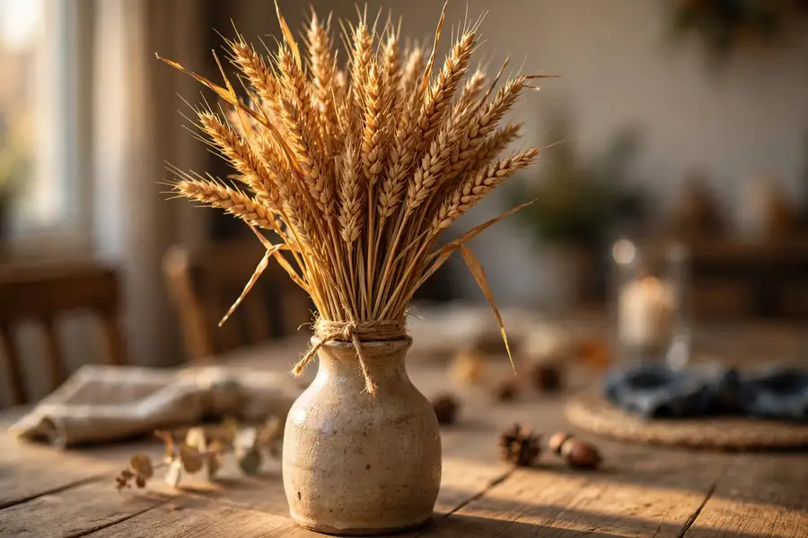 Dried wheat sheaf bundle in a vase for rustic thanksgiving decor