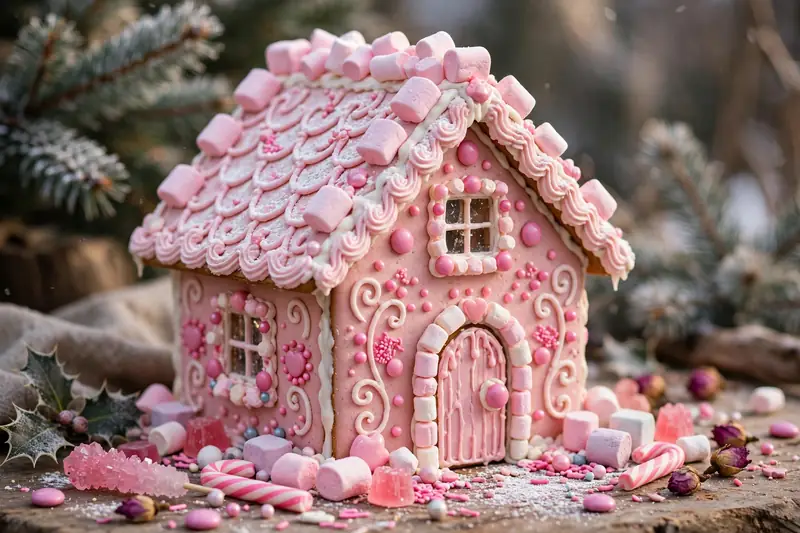 Photorealistic photograph of a pink gingerbread house decorated with pink candies, marshmallows and pastel icing