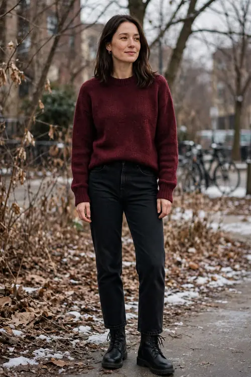 Woman in a burgundy crew-neck sweater with dark straight-leg jeans and black boots