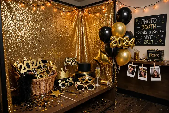 Glittering photo booth corner with props for a New Year's Eve party