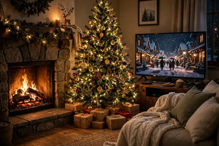 Living room fireplace glowing beside a Christmas tree while a movie plays on television