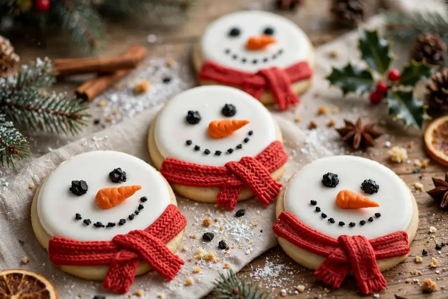 Snowman face cookies with carrot noses, coal eyes and red scarves