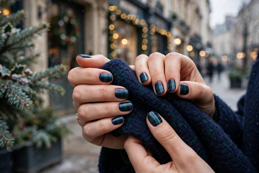 Navy and forest green holiday plaid nails