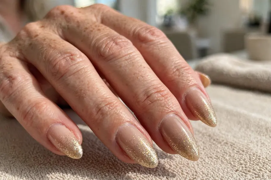 Nude almond nails with gold glitter fade