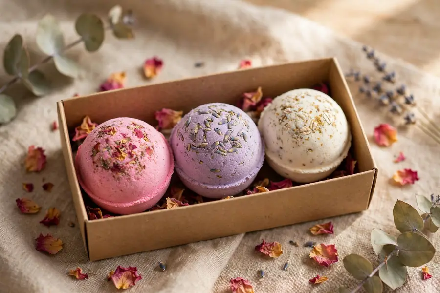 Three colorful bath bombs in rose pink, lavender and cream in a kraft gift box