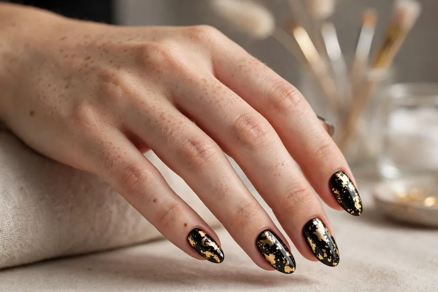 Black nails with gold foil accents, luxe black nails design