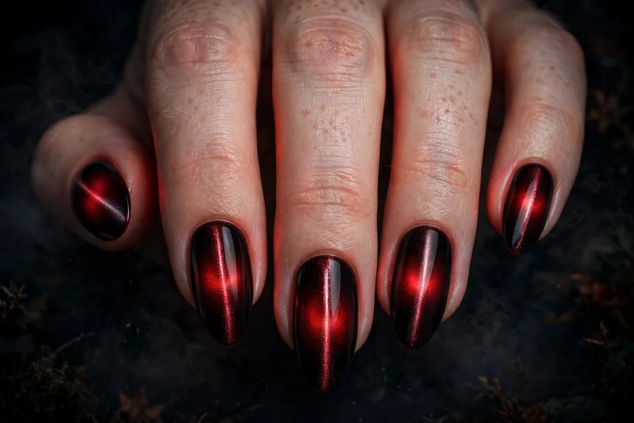Blood moon aura dark red cat eye nails fading to black