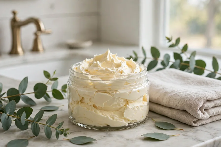 Whipped body butter in an open jar on a bathroom counter