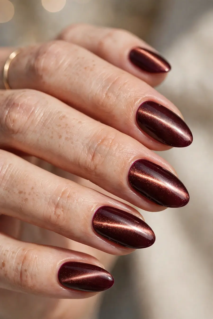 Magnetic cat-eye burgundy nails with light streak
