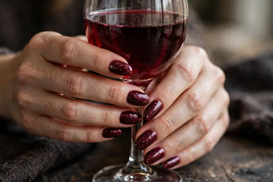 Burgundy wine glitter nails on real hands holding a glass of red wine