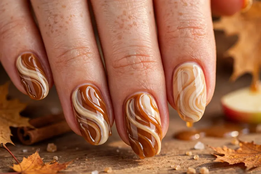 Caramel apple swirl nail art