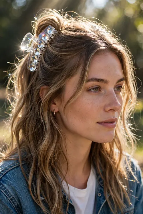 half-up style wearing a clear crystal claw clip