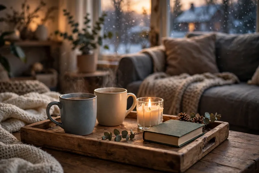 wooden tray with mugs and a candle on a cozy living room coffee table