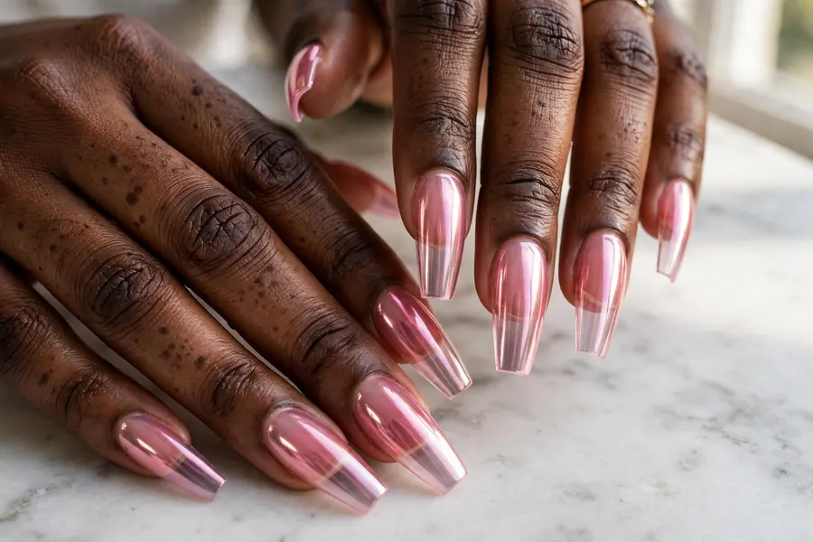 Long coffin jelly pink chrome nails in translucent pink