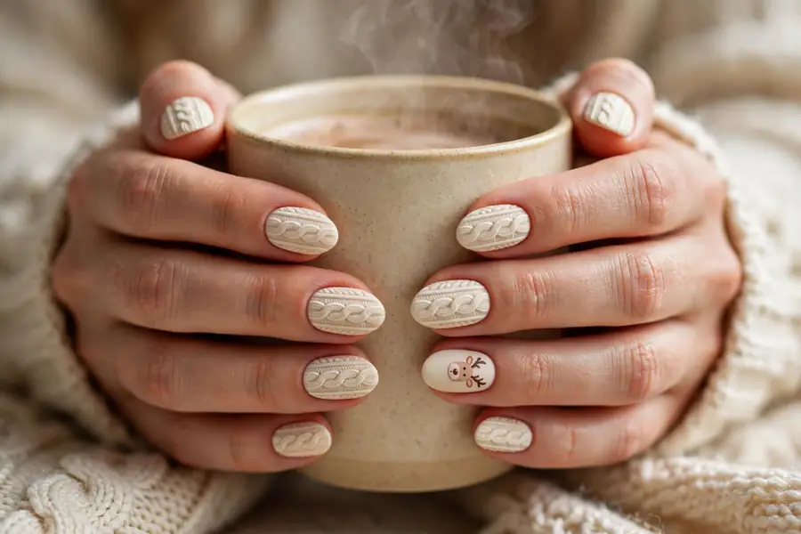 Cozy sweater pattern reindeer nails on real hands wrapped around a hot drink