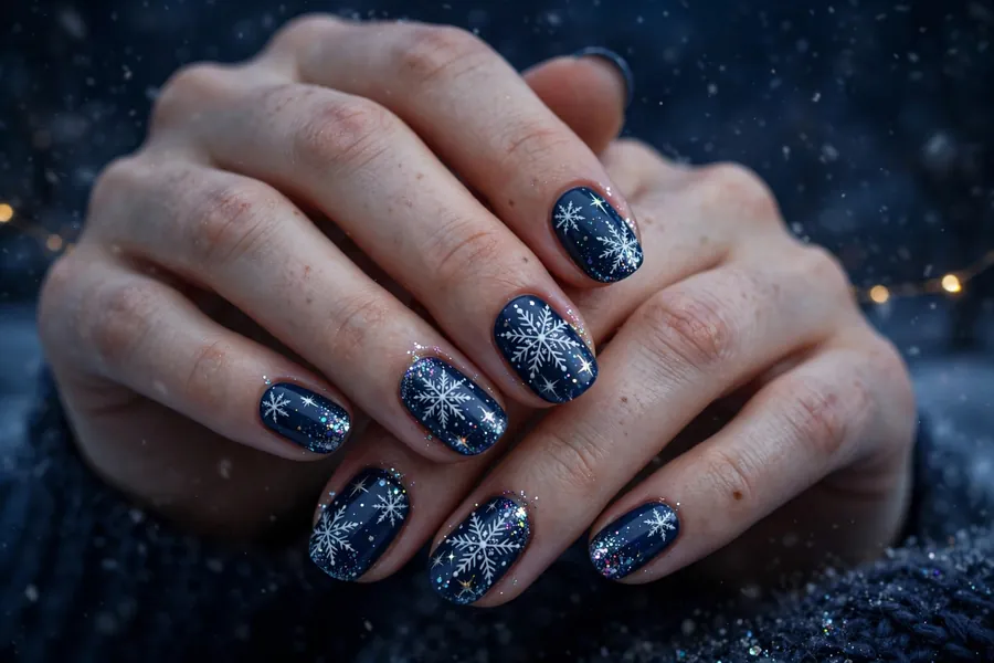 Deep navy nails with intricate white snowflake nail art and tiny stars on real hands
