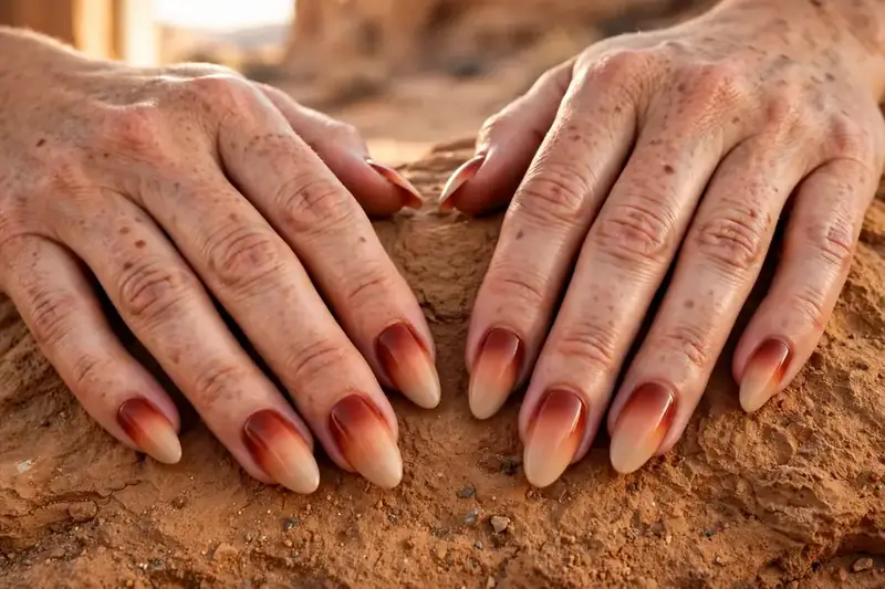 Desert sunset ombre earthy nails in terracotta and sand on real hands