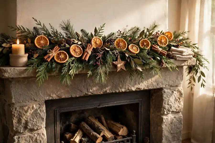 Dried orange slices tucked into evergreen garland on a Christmas mantel