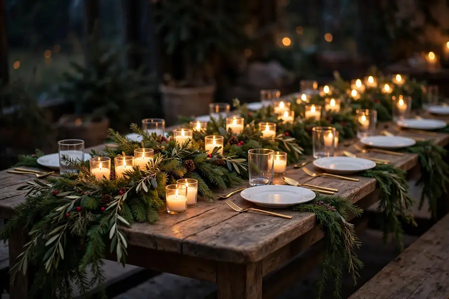 Fresh evergreen garland runner with votive candles on a christmas table