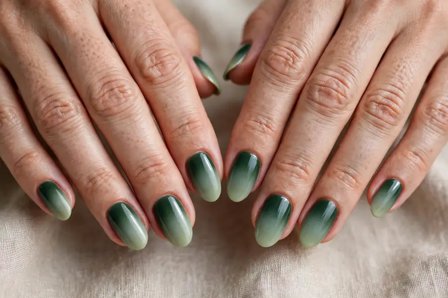 Evergreen ombre gradient nails fading from dark to light green on real hands