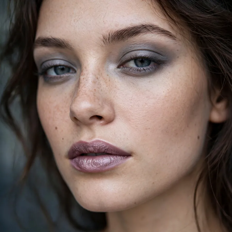Frosted mauve lips with a soft metallic sheen