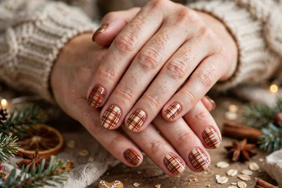 Gingerbread plaid nails with brown cream and red checks on real hands