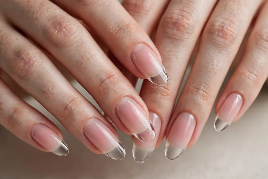 Glass ombre fade nails from blush to clear on real hands