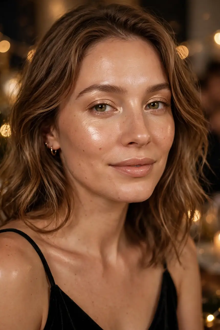 Woman with luminous glass skin and champagne highlighter for New Year's Eve