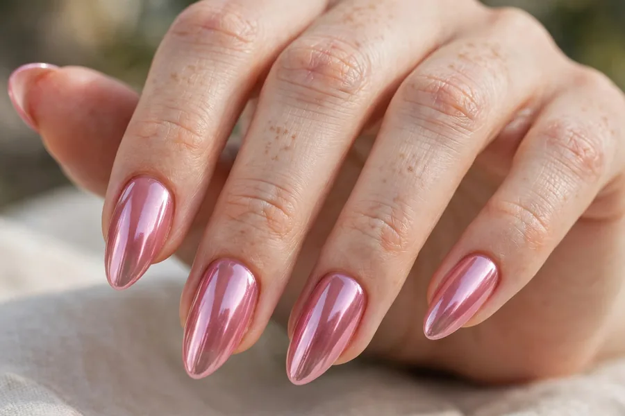 Real hand with glazed pink chrome lip gloss nails, reflective shine