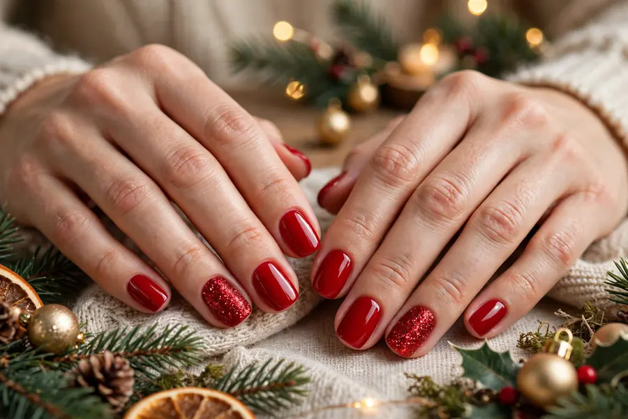 Red nails with glitter accent nails