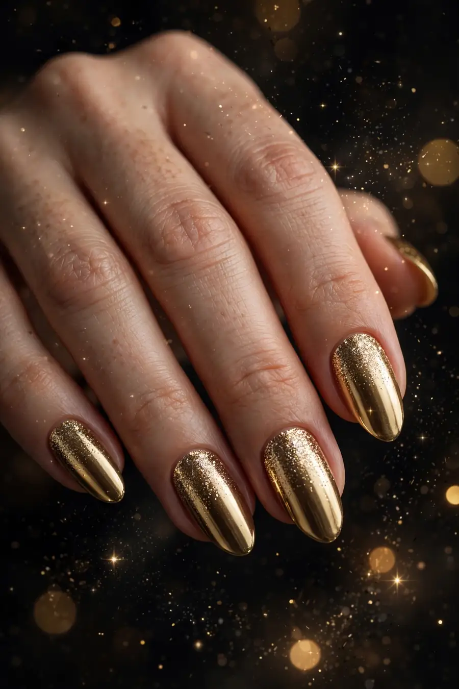 Hand with glittering gold chrome nails with a gold glitter gradient