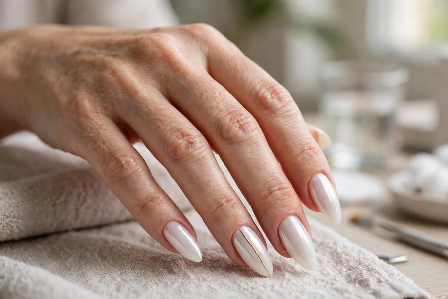 Milky white chrome nails with a minimal gold line art accent