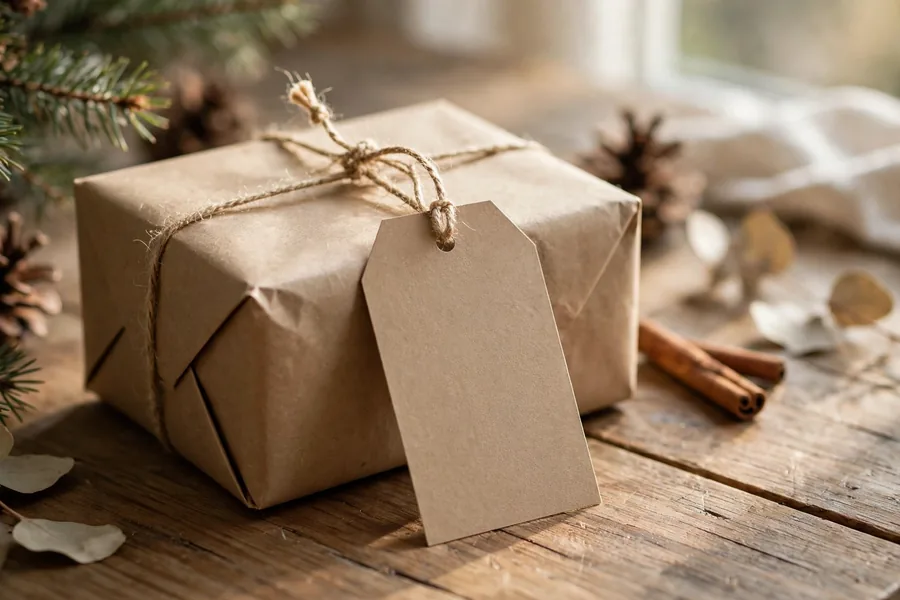 A Christmas gift with a hand-written kraft paper gift tag tied with twine