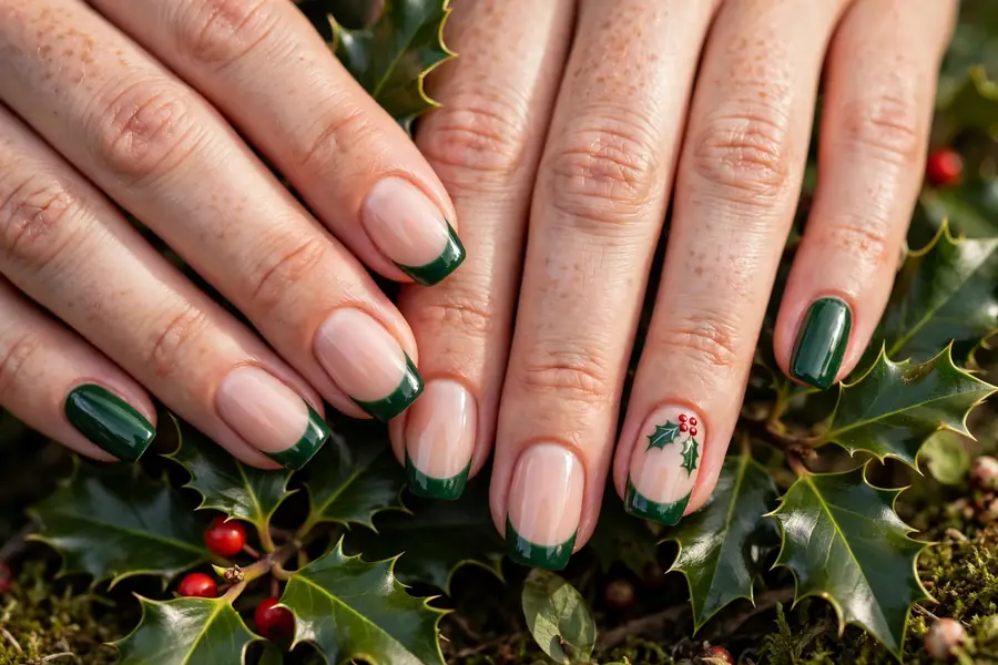 Holly berry accent Christmas French tip nails on real hands near green holly leaves